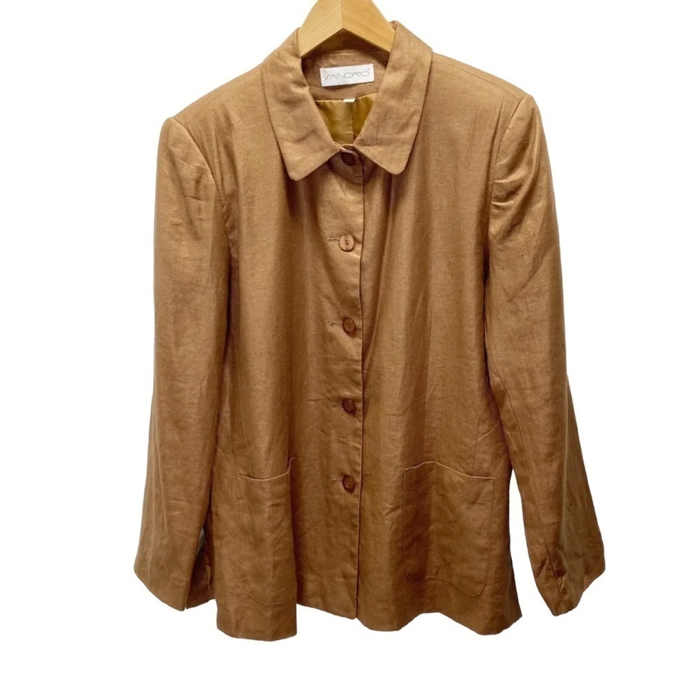 Sandro jacket Women’s Brown Linen Twill Lightweight Jacket Shirt Pockets Sz 12